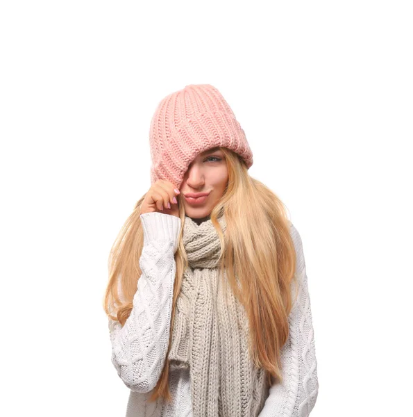 Portrait Emotional Young Woman Stylish Hat Sweater Scarf White Background — Stock Photo, Image