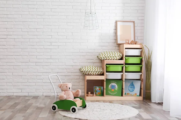 Modern Eco Style Interior Child Room Wooden Crates Brick Wall — Stock Photo, Image