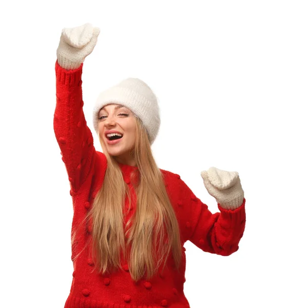 Портрет Емоційної Молодої Жінки Стильному Одязі Білому Тлі Зимова Атмосфера — стокове фото