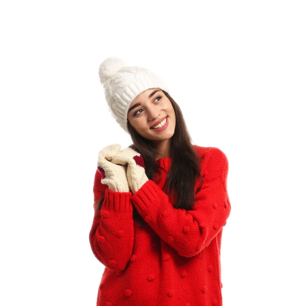 Mladá Žena Nosí Teplé Oblečení Bílém Pozadí Zimní Sezóna — Stock fotografie