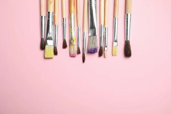 Different Paint Brushes Color Background Top View Space Text — Stock Photo, Image