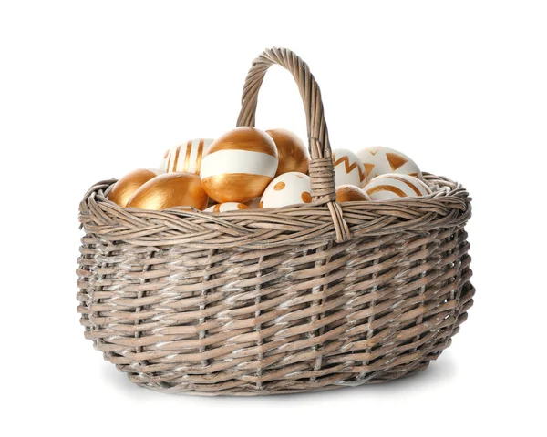 Wicker Basket Traditional Easter Eggs White Background — Stock Photo, Image