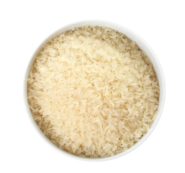 Kom Met Ongekookte Parboiled Rijst Witte Achtergrond Bovenaanzicht — Stockfoto