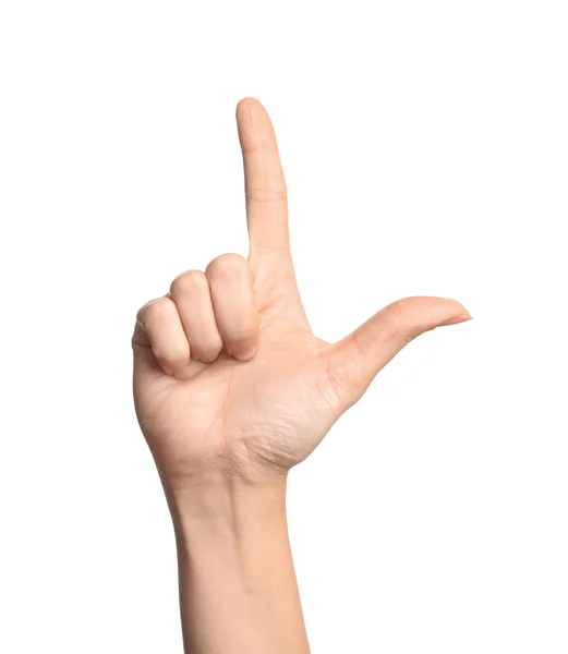 Beyaz Arka Planda Closeup Kadın Gösteren Harfi Şaret Dili — Stok fotoğraf