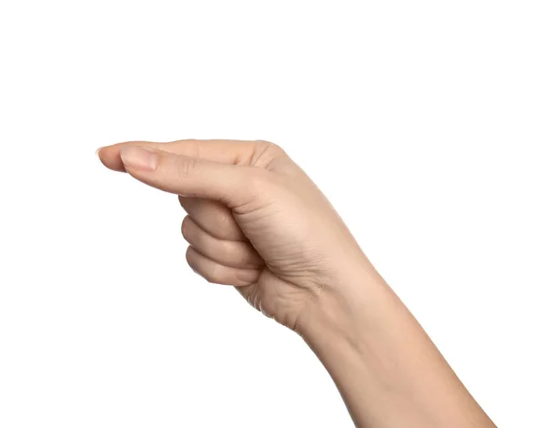 Beyaz Arka Plan Closeup Kadın Gösteren Harfinde Şaret Dili — Stok fotoğraf