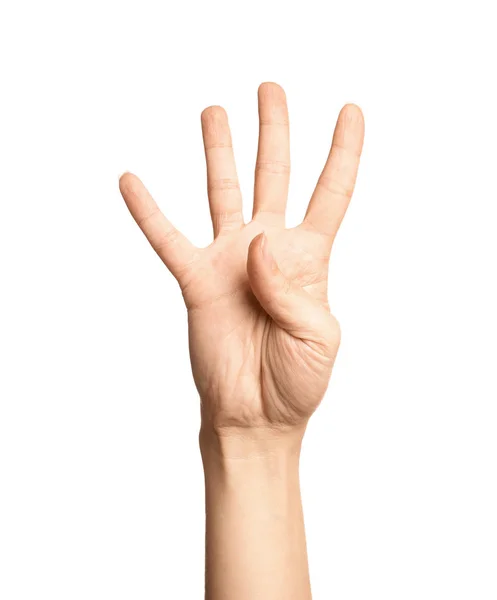 Woman Showing Number Four White Background Closeup Sign Language — Stock Photo, Image