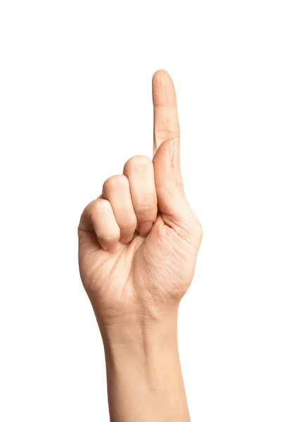 Frau Mit Nummer Eins Auf Weißem Hintergrund Nahaufnahme Zeichensprache — Stockfoto
