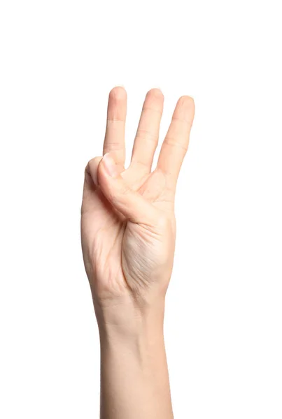 Beyaz Arka Planda Closeup Kadın Gösteren Harfi Şaret Dili — Stok fotoğraf