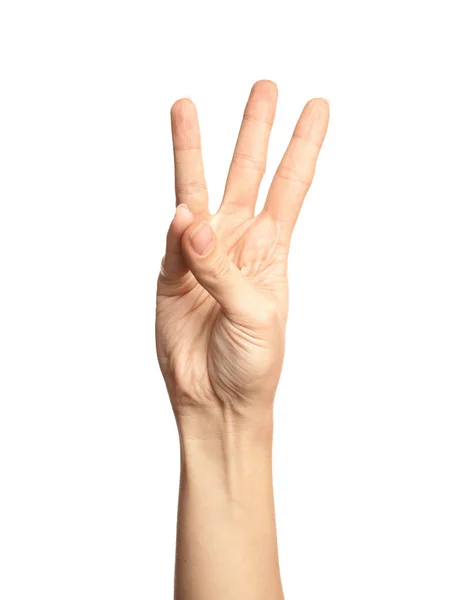 Woman Showing Number Six White Background Closeup Sign Language — Stock Photo, Image