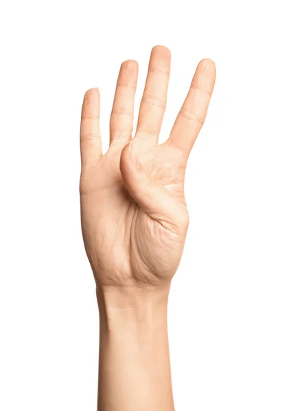 Woman Showing Number Four White Background Closeup Sign Language — Stock Photo, Image