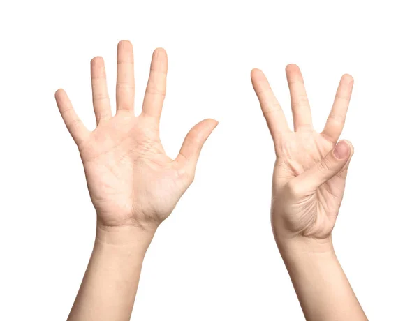 Vrouw Met Ondertekenen Acht Witte Achtergrond Close Lichaamstaal — Stockfoto