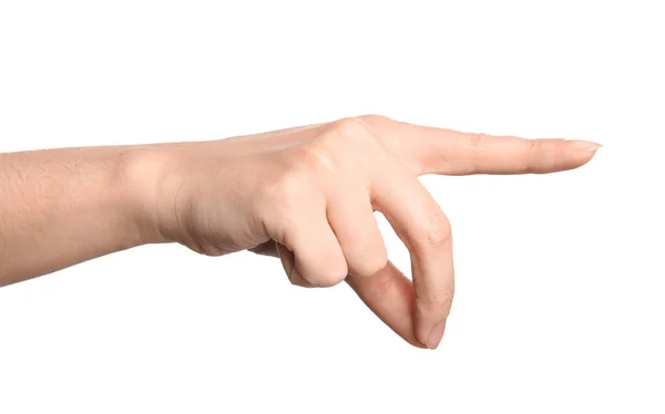 Kobieta Pokazuje Ręką Znak Białym Tle Zbliżenie Język Ciała — Zdjęcie stockowe