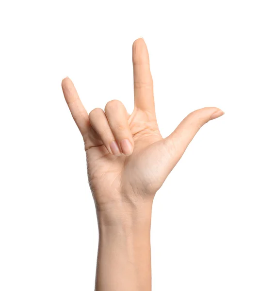 Жінка Показує Знак Руки Білому Тлі Крупним Планом Мова Тіла — стокове фото