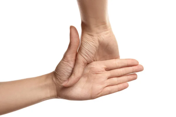 Mulher Mostrando Sinal Mão Fundo Branco Close Linguagem Corporal — Fotografia de Stock