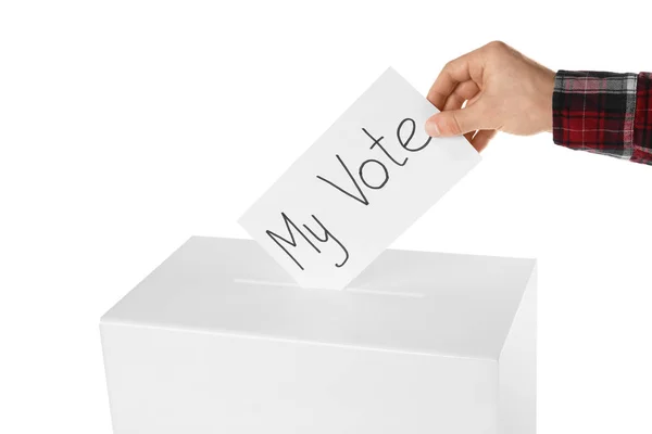 Hombre Poniendo Voto Urnas Sobre Fondo Blanco Primer Plano —  Fotos de Stock