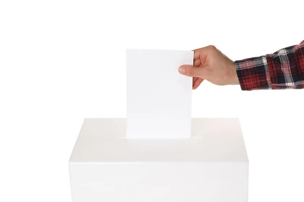 Hombre Poniendo Voto Urnas Sobre Fondo Blanco Primer Plano — Foto de Stock