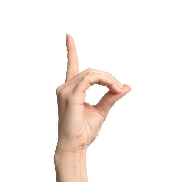 Woman Showing Letter White Background Closeup Sign Language — Stock Photo, Image