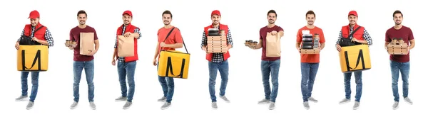 Collage Courier Orders White Background Food Delivery — Stock Photo, Image