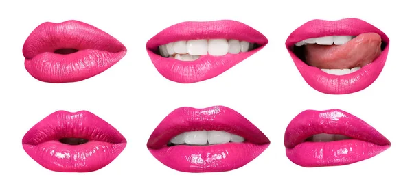 Aantal Monden Met Mooie Make Wit Wordt Geïsoleerd Roze Lippenstift — Stockfoto