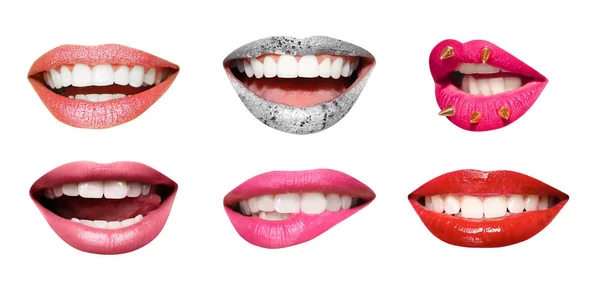 Set Mouths Beautiful Make Isolated White Bright Lipsticks — Stock Photo, Image