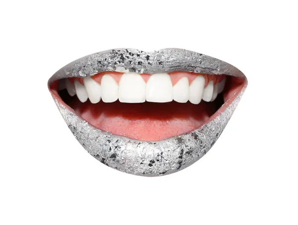 Mooie Mond Met Zilveren Lippenstift Geïsoleerd Wit — Stockfoto
