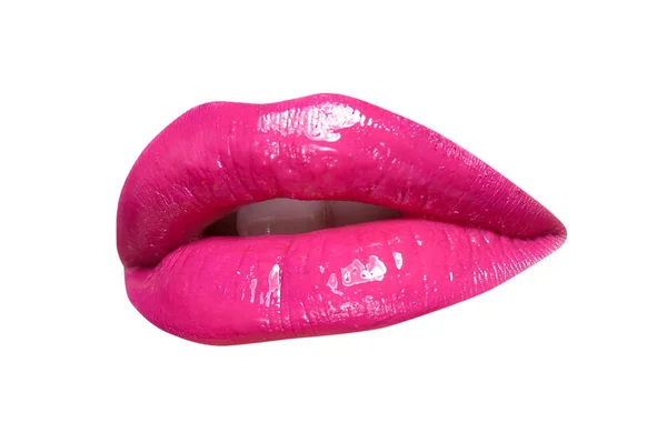 Mooie Mond Met Glanzende Roze Lippenstift Geïsoleerd Wit — Stockfoto