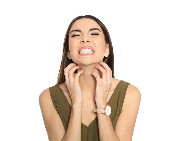 Young Woman Scratching Neck White Background Annoying Itch — Stock Photo, Image