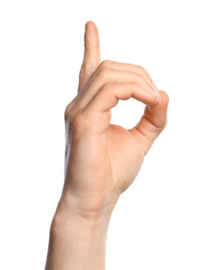 Man showing D letter on white background, closeup. Sign language clipart