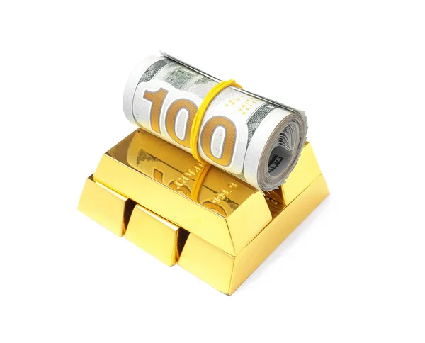 Lesklé Zlaté Cihly Peníze Bílém Pozadí — Stock fotografie