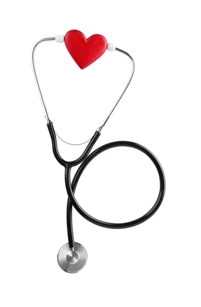 Beyaz Arka Plan Üstten Görünüm Üzerinde Kırmızı Kalpli Stetoskop — Stok fotoğraf