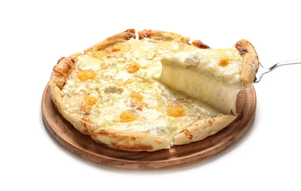 Při Kus Horký Sýr Pizza Margherita Desky Bílém Pozadí — Stock fotografie