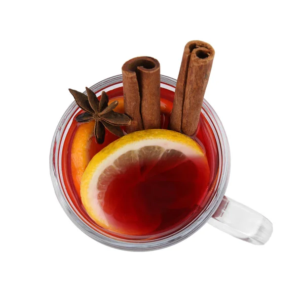 Glas Glühwein Isoliert Auf Weiß Draufsicht — Stockfoto