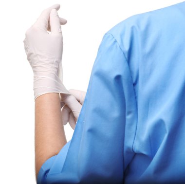 Lastik eldiven beyaz arka plan, closeup karşı koyarak kadın doktor. Tıbbi nesne