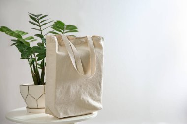 Houseplant ve eco poşet beyaz duvarının yakınında masada. Metin için yer