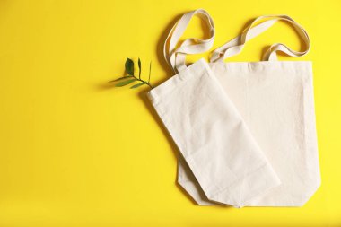 Eko tote çanta ve renk arka plan üzerinde metin için yer düz yatıyordu kompozisyonu