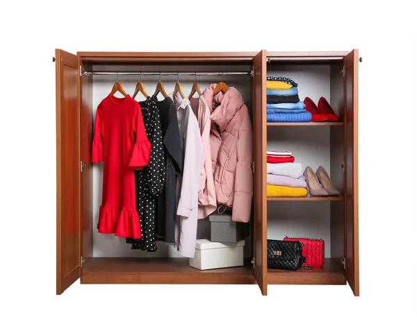 Moderne Houten Garderobe Met Kleding Schoenen Geïsoleerd Wit — Stockfoto