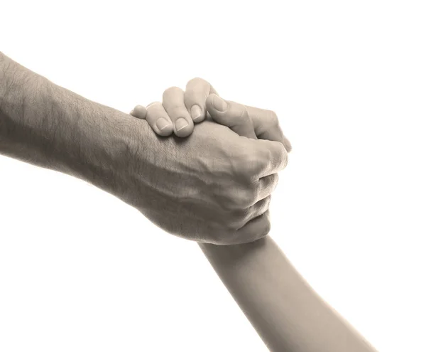 Άνδρας Και Γυναίκα Κρατώντας Χέρια Άσπρο Φόντο Κινηματογράφηση Πρώτο Πλάνο — Φωτογραφία Αρχείου