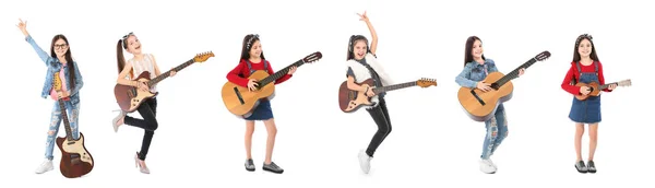 Niedliches Kleines Mädchen Mit Gitarre Auf Weißem Hintergrund — Stockfoto