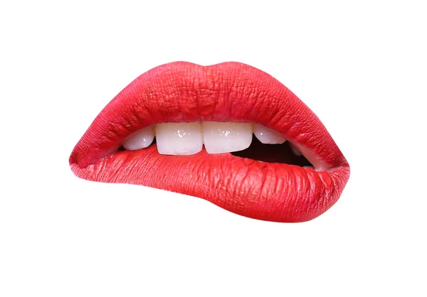 Beautiful Mouth Red Lipstick Isolated White — Stock Photo, Image