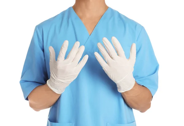 Médico Varón Uniforme Con Guantes Sobre Fondo Blanco Primer Plano —  Fotos de Stock