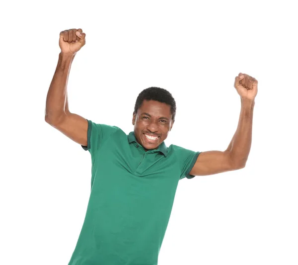 Retrato Homem Afro Americano Emocional Sobre Fundo Branco — Fotografia de Stock