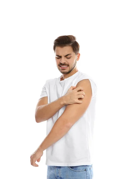 Young Man Scratching Shoulder White Background Annoying Itch — Stock Photo, Image