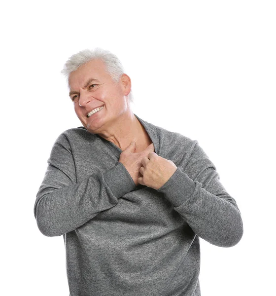 Älterer Mann Kratzt Brust Auf Weißem Hintergrund Nerviger Juckreiz — Stockfoto