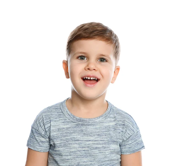 Portret Van Kleine Jongen Lachen Witte Achtergrond — Stockfoto