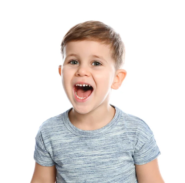 Portret Van Kleine Jongen Lachen Witte Achtergrond — Stockfoto