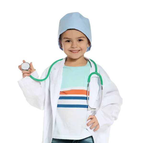 Carino Bambino Cappotto Medico Con Stetoscopio Sfondo Bianco — Foto Stock