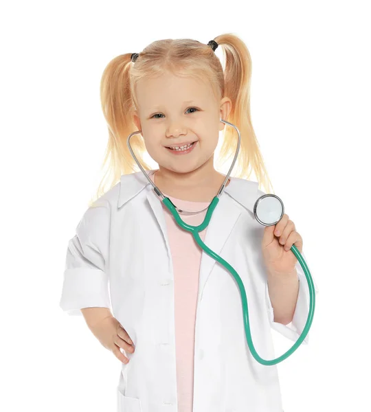 Cute Little Child Doctor Coat Stethoscope White Background — Stock Photo, Image