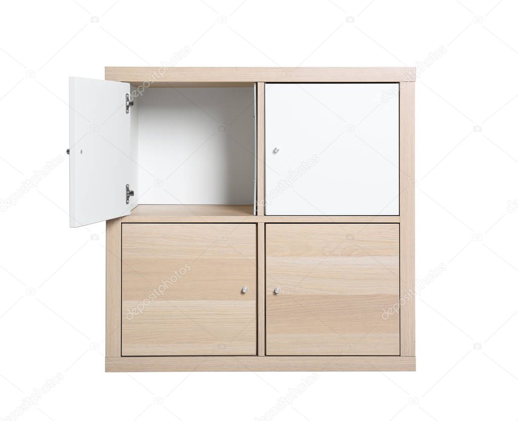 Modern light wooden cabinet isolated on white. Furniture for wardrobe room 