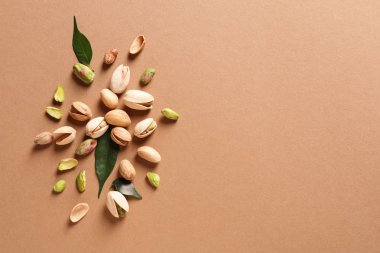 Düz renkli arka plan üzerinde Organik fıstık fındık ile kompozisyon yatıyordu. Metin için yer