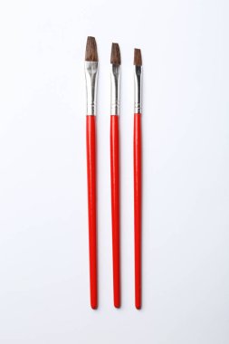 Beyaz arka planda, üstten görünüm farklı boya fırçaları
